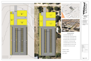 Site plan for custom steel building project by TruSteel, featuring layout of buildings, parking spaces, and detailed dimensions, highlighting design for commercial use.