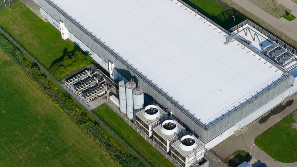 Aerial view of a modern industrial data center