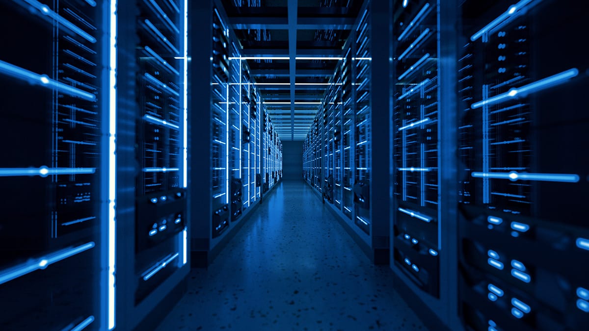 Modern data center with glowing blue server racks