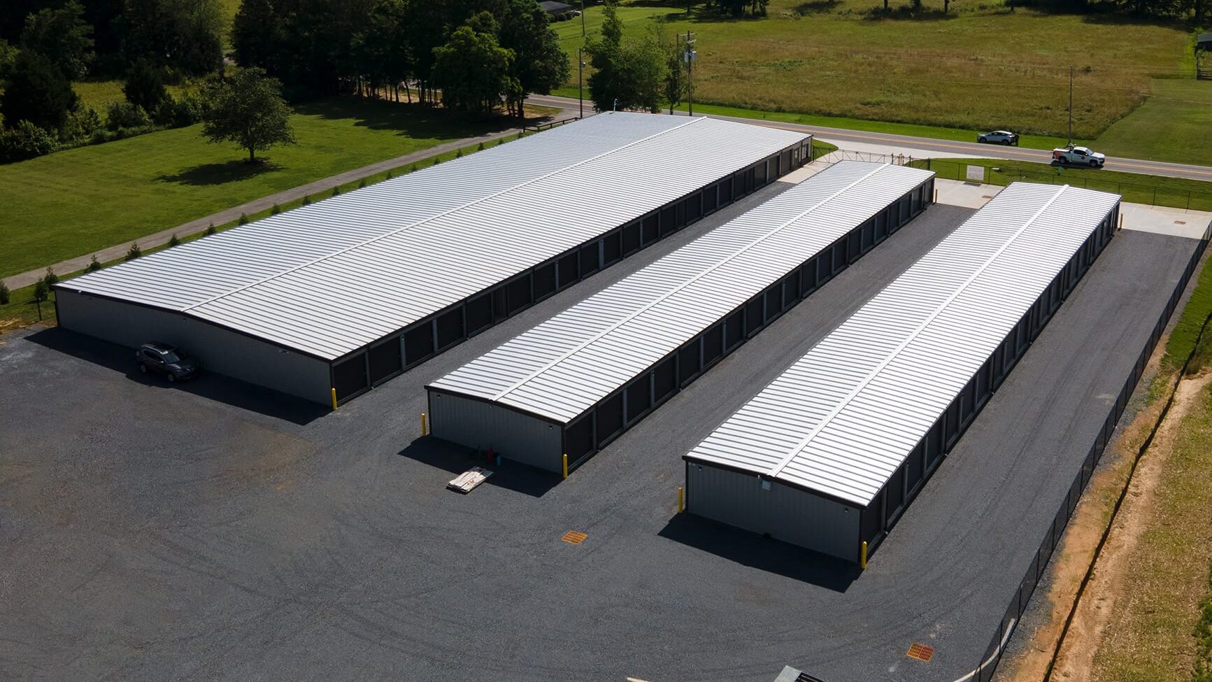 Steel mini storage buildings constructed by TruSteel Buildings.