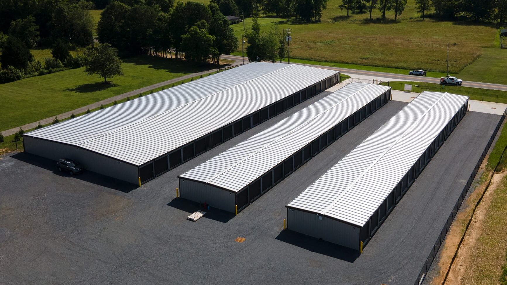 Steel mini storage buildings constructed by TruSteel Buildings.