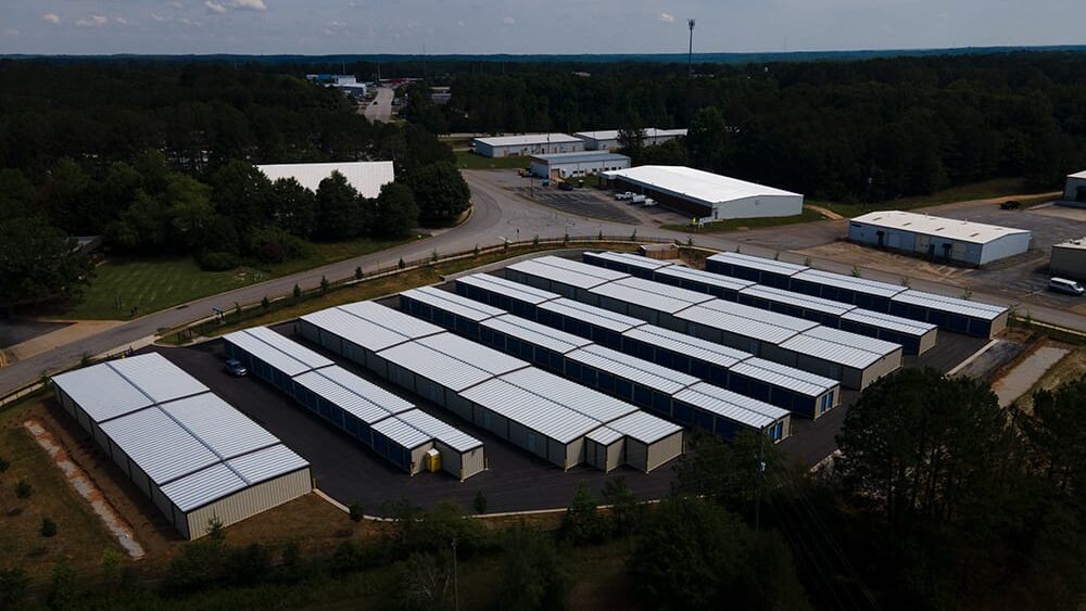 Top view of a metal mini storage facility with metal roof